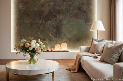 tumbled green Marble slab living room wall