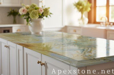 Waterfall Aquarello Quartzite island countertops
