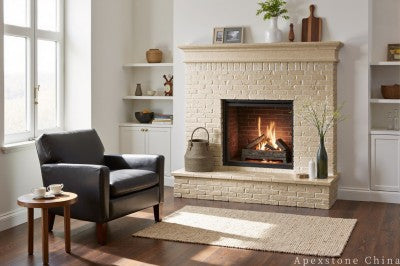 grey Limestone stone veneer wall fireplace