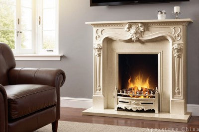 grey Limestone stone veneer wall fireplace