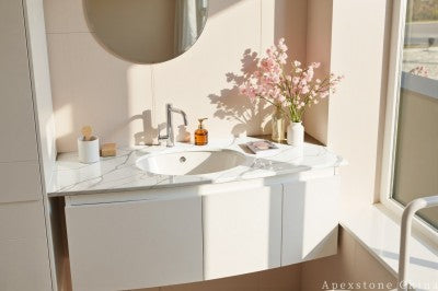 3/4 inch Calacatta Cloud Drift quartz vanities