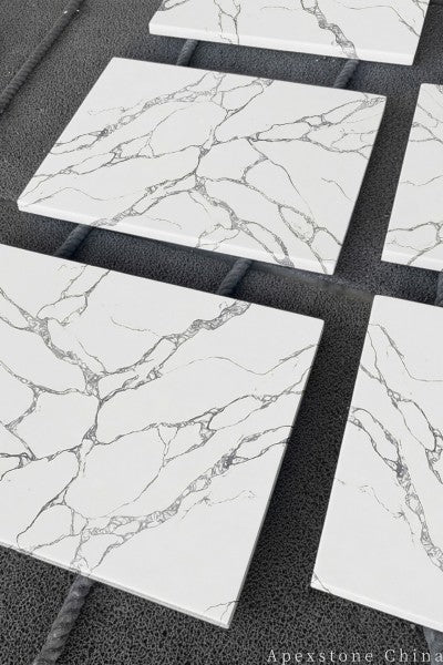 patterned Calacatta Ink Vein quartz tiles
