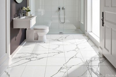 patterned Calacatta Ink Vein quartz tiles