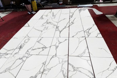 patterned Calacatta Ink Vein quartz tiles