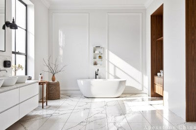patterned Calacatta Ink Vein quartz tiles