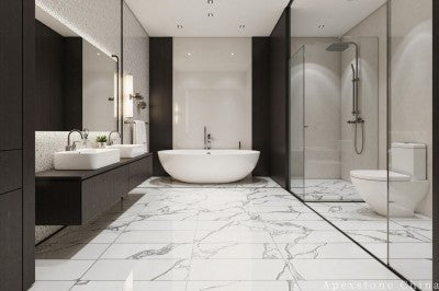 patterned Calacatta Ink Vein quartz tiles