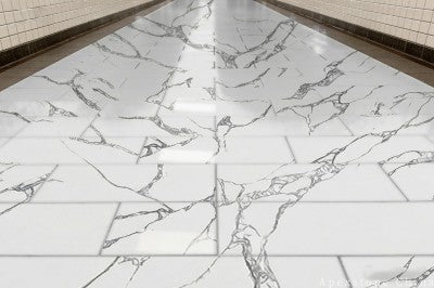 patterned Calacatta Ink Vein quartz tiles