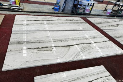 thin Calacatta Macaubas Quartzite wall panels