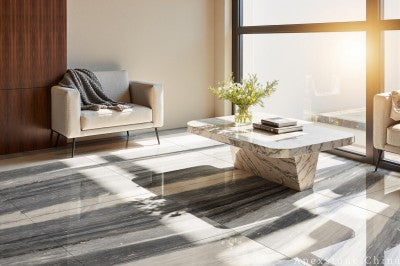 honed blue Marble tile living room floor