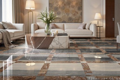 honed blue Marble tile living room floor