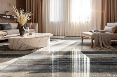 honed blue Marble tile living room floor