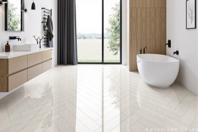 white Limestone small tile bathroom floor