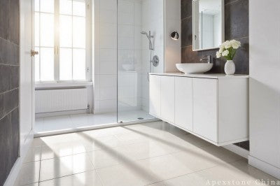 white Limestone small tile bathroom floor