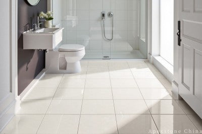 white Limestone small tile bathroom floor