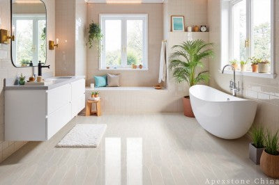 white Limestone small tile bathroom floor