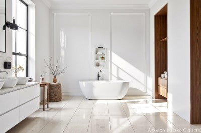 polished white Limestone tile shower floor