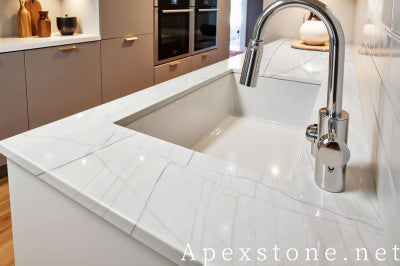 white Marble Honed island kitchen