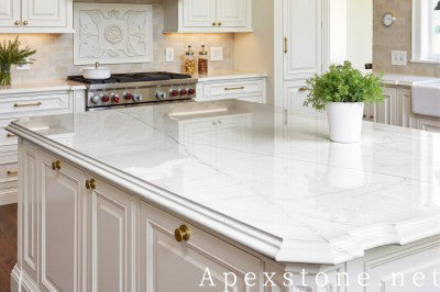 white Marble Honed island kitchen