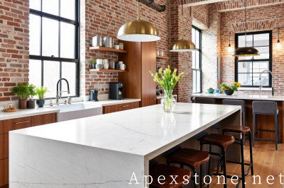 white Marble Honed island kitchen