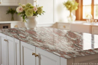Leathered Norwegian Rose Marble island countertops