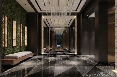 polishing black Granite floor entrance