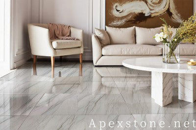 hex white Quartzite tile living room floor