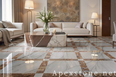 hex white Quartzite tile living room floor