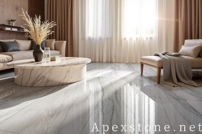 hex white Quartzite tile living room floor
