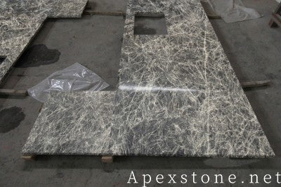 Flat edge Snow Black Fox Marble island countertops