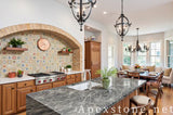 Flat edge Snow Black Fox Marble island countertops