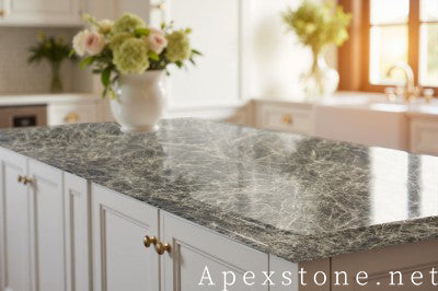 Flat edge Snow Black Fox Marble island countertops