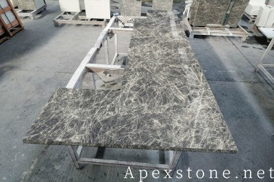 Flat edge Snow Black Fox Marble island countertops