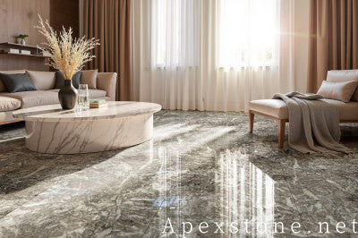 honed grey Marble tile living room floor