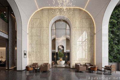 polished beige Travertine floor office