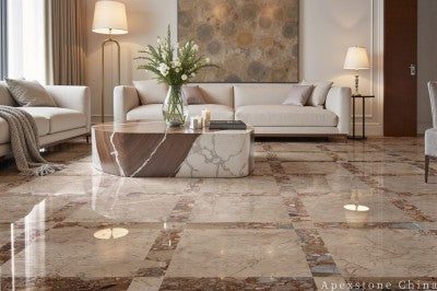 small beige Marble tile living room floor