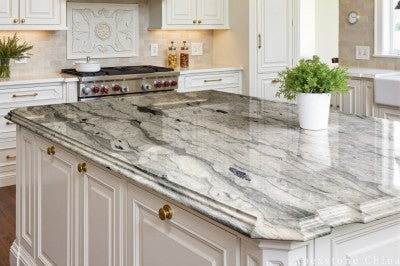 green Marble Waterfall island kitchen