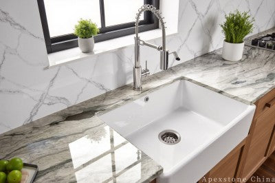 green Marble Waterfall island kitchen