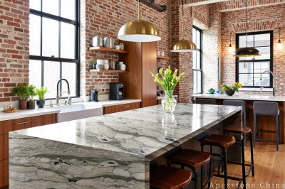 green Marble Waterfall island kitchen